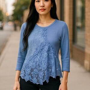 SIMPLY COUTURE Women's Lined Linen Light Blue Lace Pullover Tunic Sweater ~ M/L